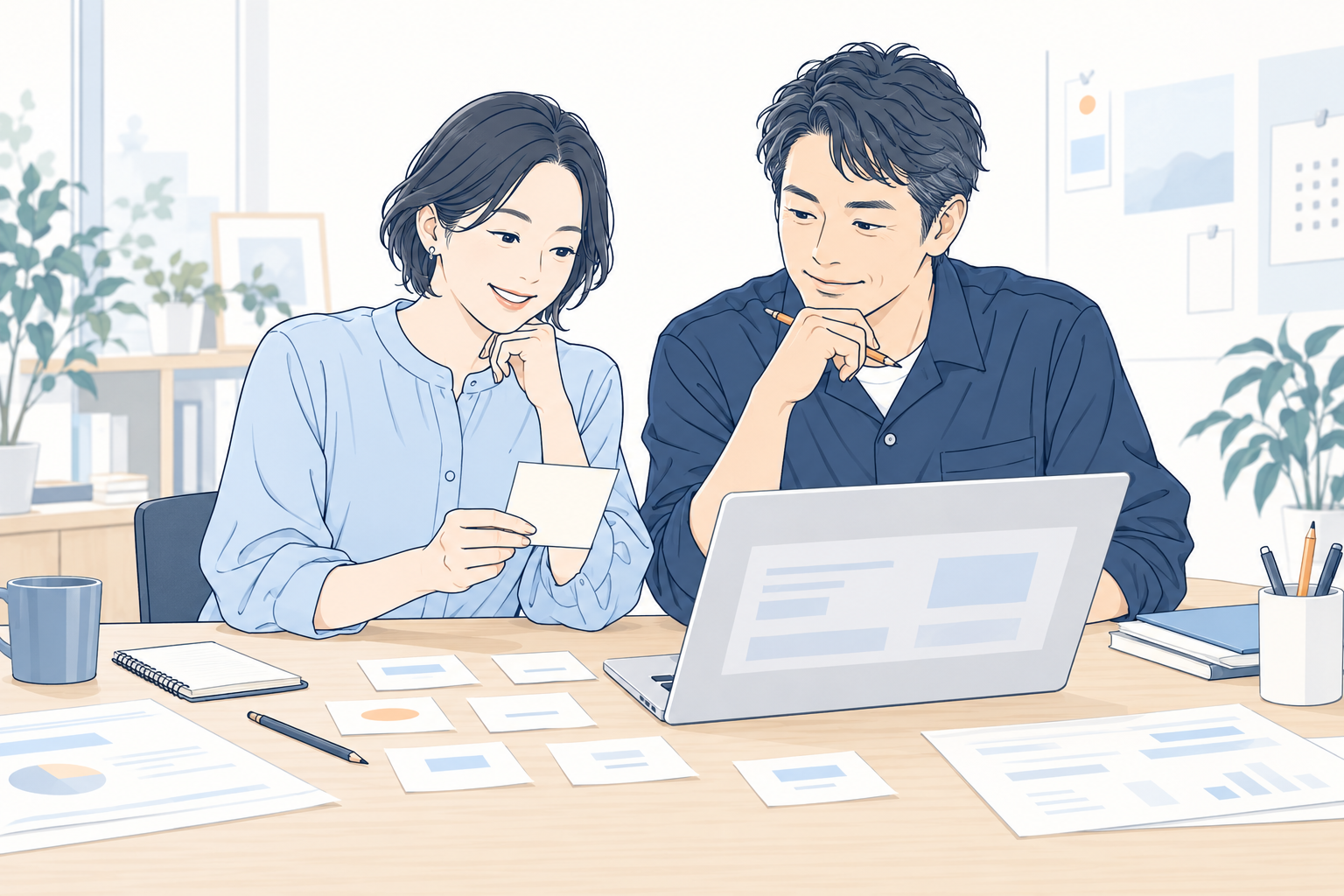 仕事のメモとパソコンを見ながら、最初に試す作業を話し合う二人