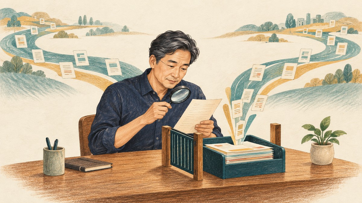多数の処理経路が一人の確認担当の机へ集まる編集イラスト