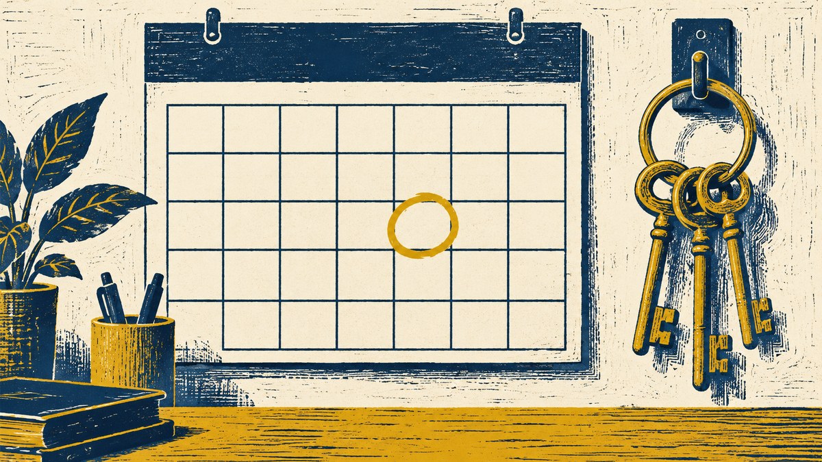年間カレンダーと、鍵の束が並ぶ机のイメージ