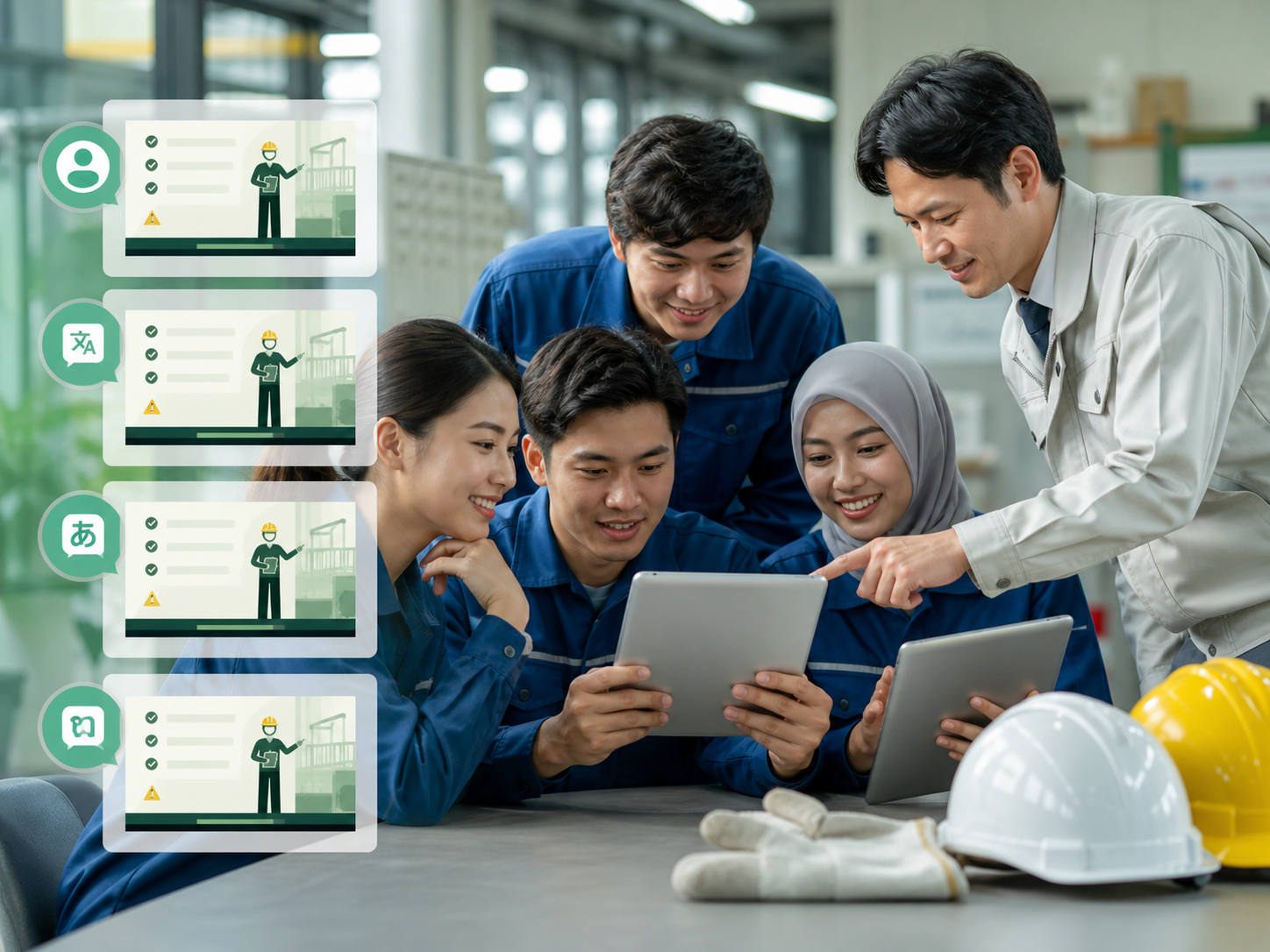 外国人スタッフがタブレットで研修を確認するイメージ