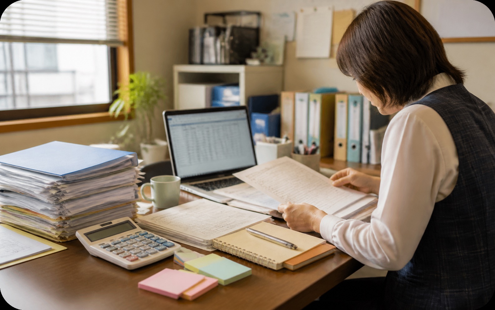 紙書類とExcel入力に困っている事務作業の様子
